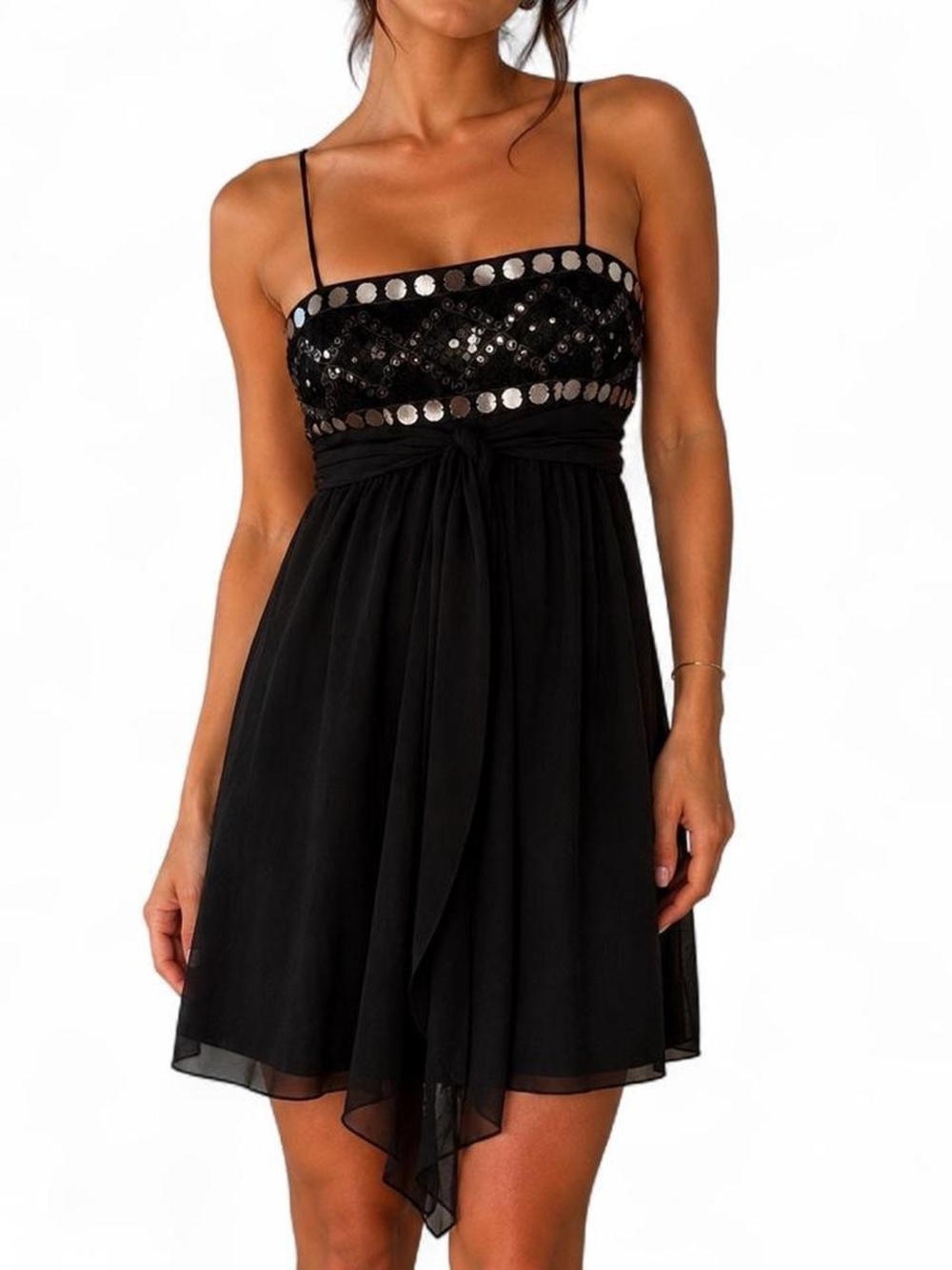 BCBGMAXAZRIA Black Silk Embellished Babydoll Dress – Size 6
